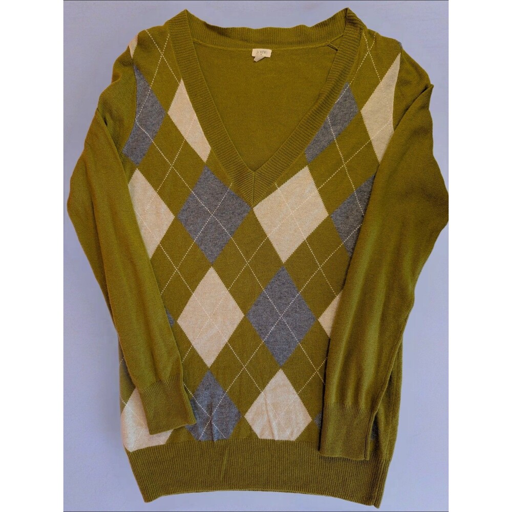 Women's J.Crew Argyle V-Neck Wool Cashmere Blend Sweater Olive Green Medium
